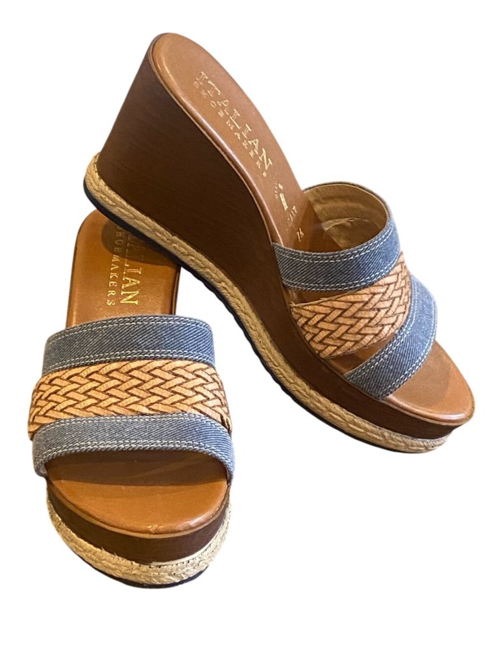 Italian Shoemakers Wedge Slide Sandals Denim/Raffia 7.5 #86T
